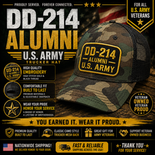 Cargar imagen en el visor de la galería, DD-214 Alumni U.S. Army Trucker Hat – Premium Embroidered Veteran Cap
