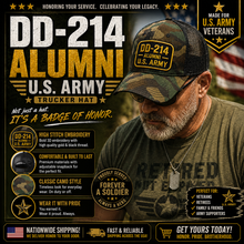 Cargar imagen en el visor de la galería, DD-214 Alumni U.S. Army Trucker Hat – Premium Embroidered Veteran Cap

