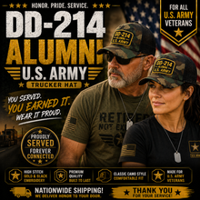 Cargar imagen en el visor de la galería, DD-214 Alumni U.S. Army Trucker Hat – Premium Embroidered Veteran Cap
