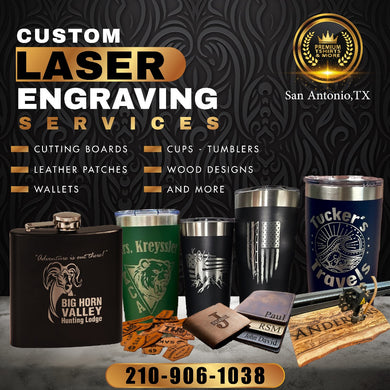 Custom Laser Engraving Service 40 oz Tumblers, 20 oz Skinny Tumblers, 20 oz Stubby Tumblers, 12 oz Wine Tumblers, 6 oz Flasks - Premium TShirts & More