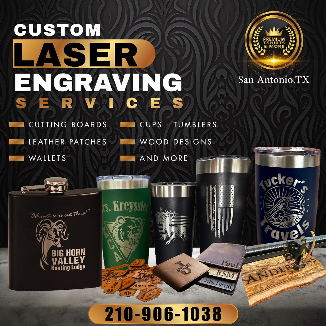 Custom Laser Engraving Service 40 oz Tumblers, 20 oz Skinny Tumblers, 20 oz Stubby Tumblers, 12 oz Wine Tumblers, 6 oz Flasks - Premium TShirts & More