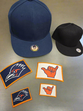  Custom printed Velcro patches, Noggin Boss hats, personalized patches, brand promotion, embroidered patches, hat customization, fun messages, business branding.