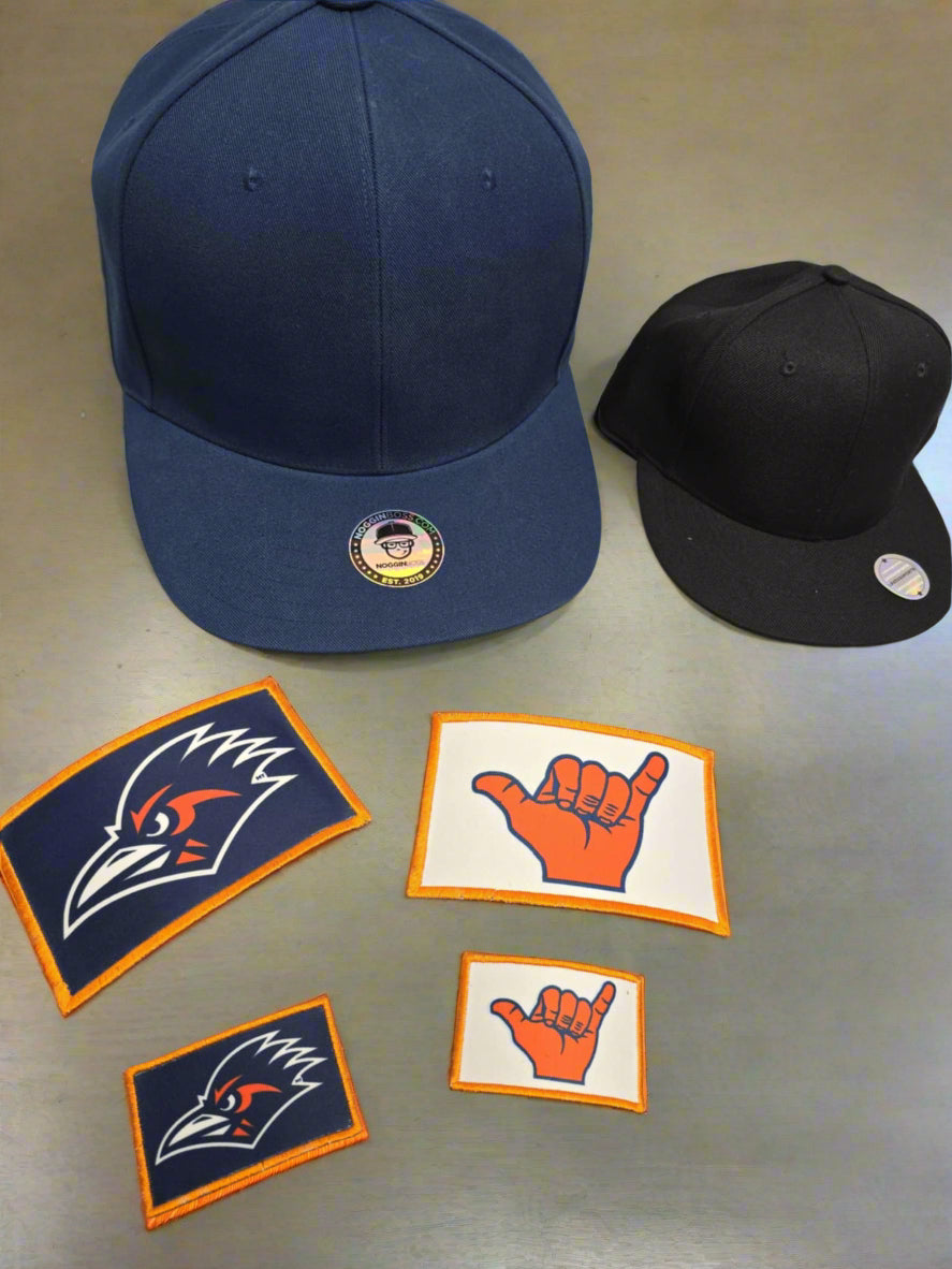  Custom printed Velcro patches, Noggin Boss hats, personalized patches, brand promotion, embroidered patches, hat customization, fun messages, business branding.